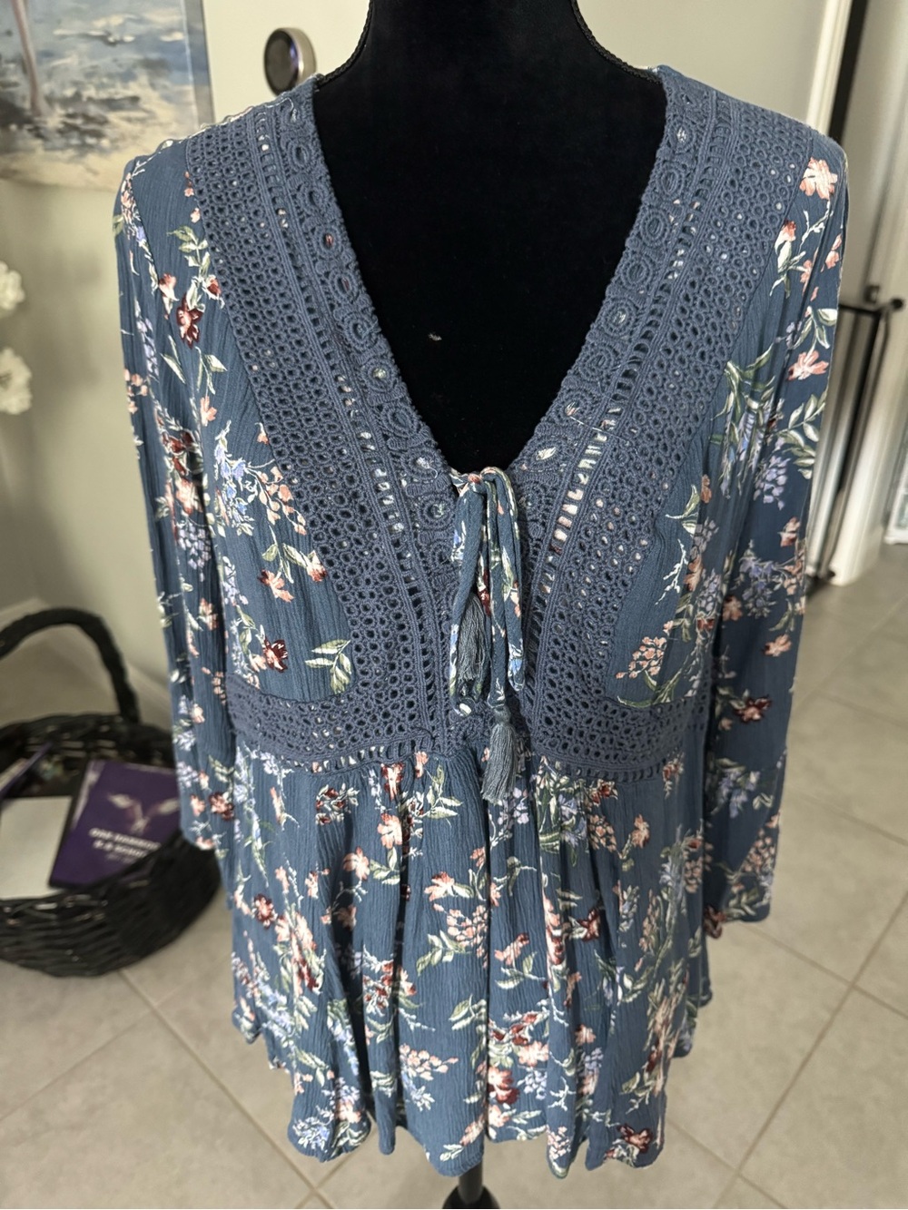 torrid Blue Floral Crochet-Trim Tunic Top